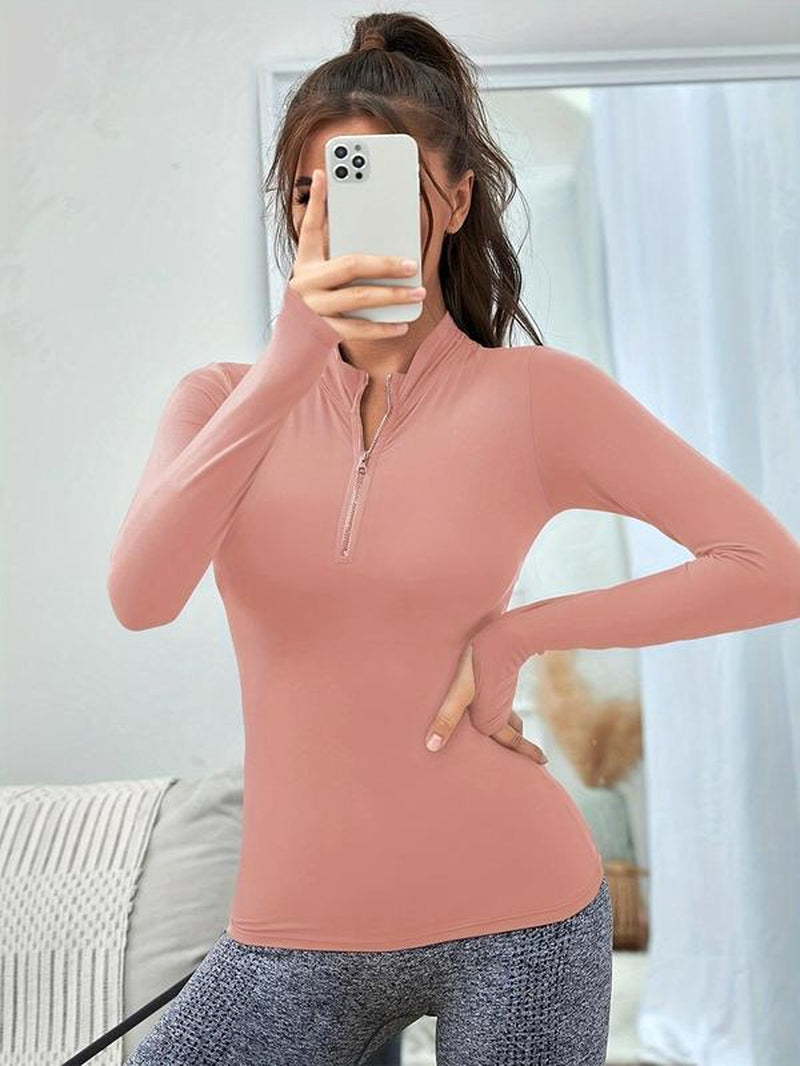 Chic Women's Zip-Up Sports Sweatshirt - Versatile Long Sleeve Stand Collar Top for Yoga & Gym Workouts, Perfect for All Seasons