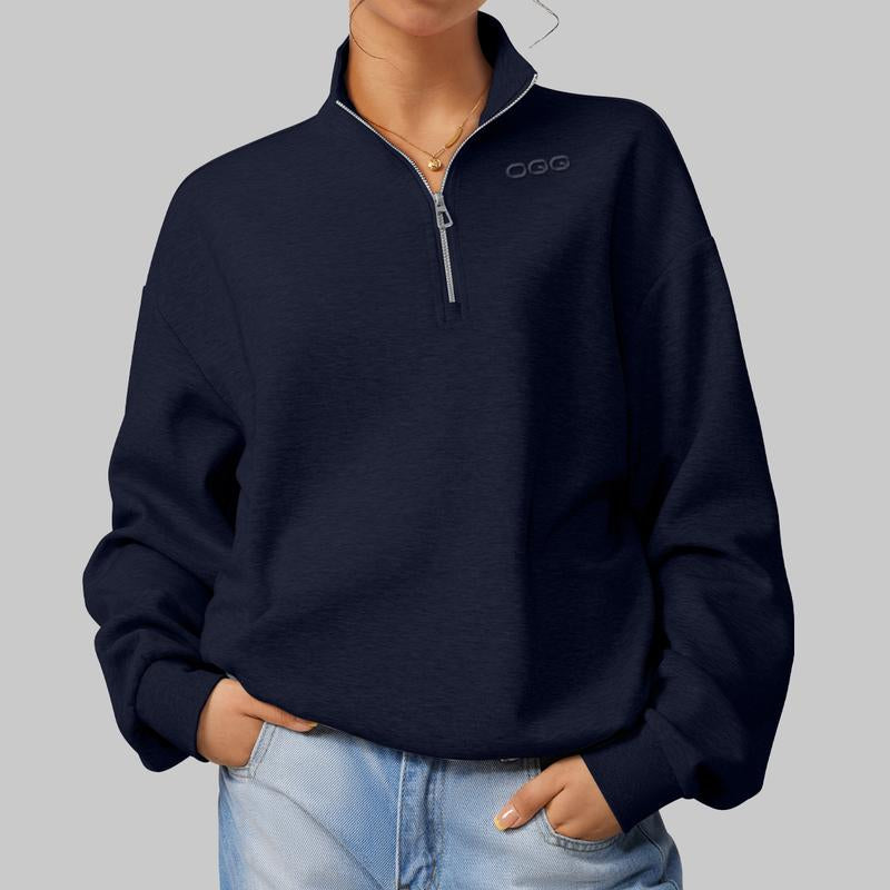 OQQ Women's Comfy Half-Zip Mock Neck Long Sleeve Pullover - Lightweight Casual Athleisure Sweatshirt for Fall