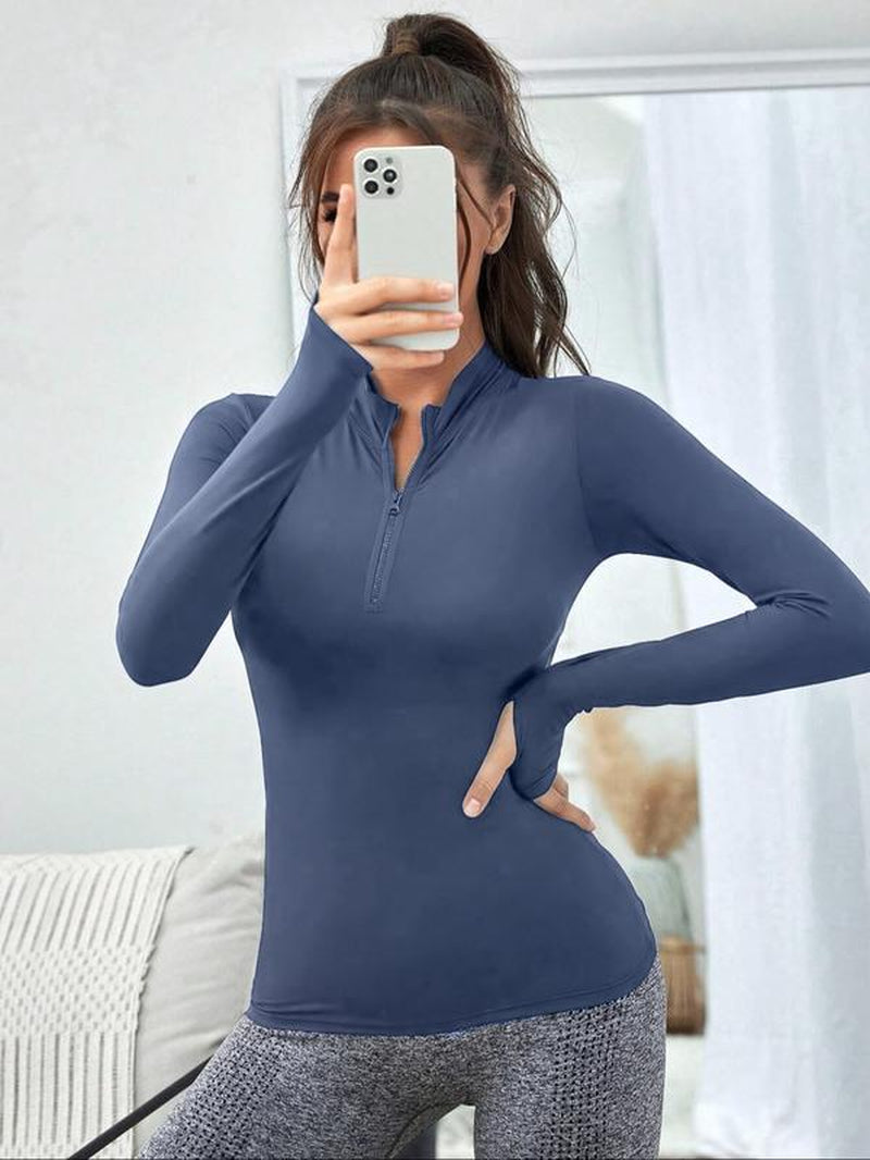 Chic Women's Zip-Up Sports Sweatshirt - Versatile Long Sleeve Stand Collar Top for Yoga & Gym Workouts, Perfect for All Seasons