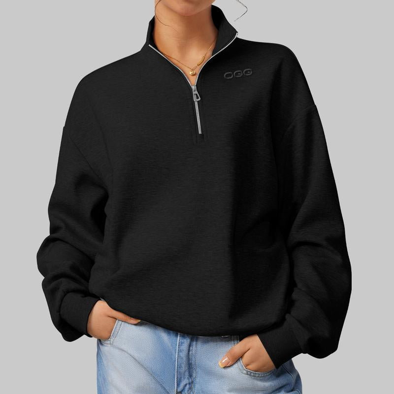 OQQ Women's Comfy Half-Zip Mock Neck Long Sleeve Pullover - Lightweight Casual Athleisure Sweatshirt for Fall